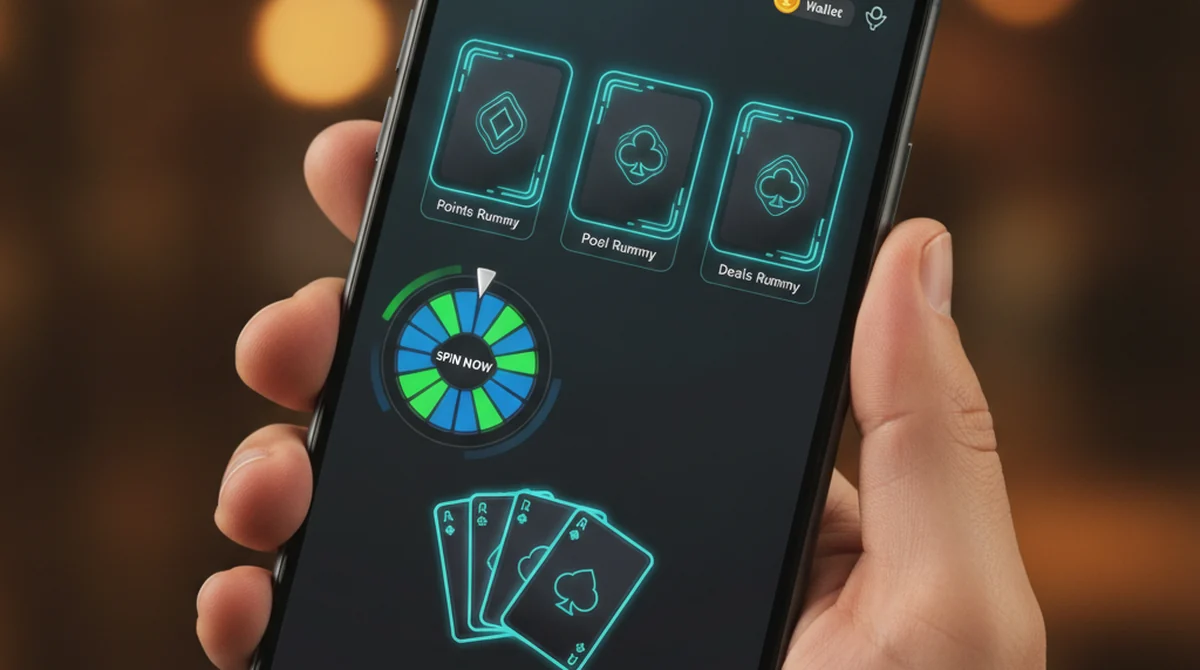 Interface overview of Rummy Modern showing dashboard tiles for skill-based rummy and luck-based side games.